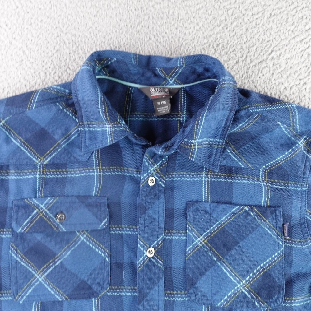 Outdoor Research Feedback Flannel Mens XL Blue Plaid Long Sleeve Button Up Shirt